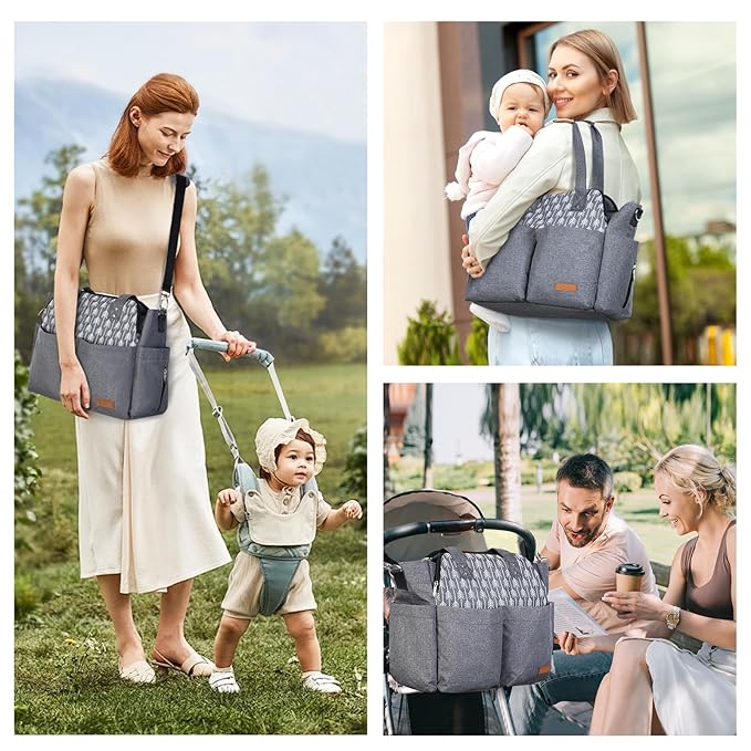 Lekebaby Diaper Bag Tote, 17 Pockets Large Travel Diaper Tote Waterproof with Portable Changing Pad, Mom Crossbody Hospital Bag for Labor Delivery, Baby Essentials for Newborn Gifts, Grey