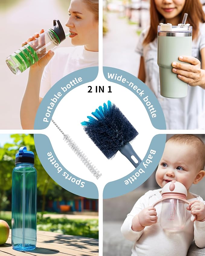 ROSEOK 2in1 Bottle Scrubbing Brush with Straw Brush has Long and Comfortable Handle, Cleaning Glass, Sports Bottle, Coffee Mug,2 Pack, Grayish Blue