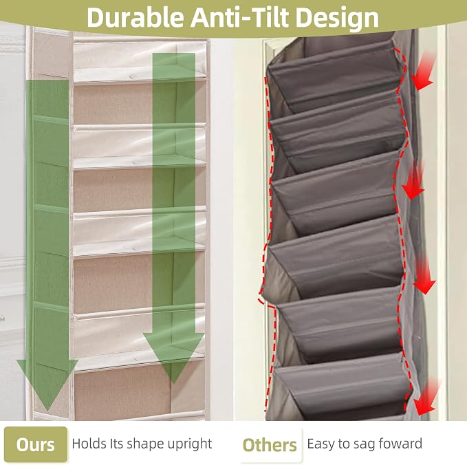 Over Door Organizer with 6 Extra Large Pockets 12 Side Pockets, Sturdy Closet Storage Rack, Hanging Storage Organizer with Clear Window for Shoes, Diaper, Bedroom, Bathroom, Beige, 3-Pack