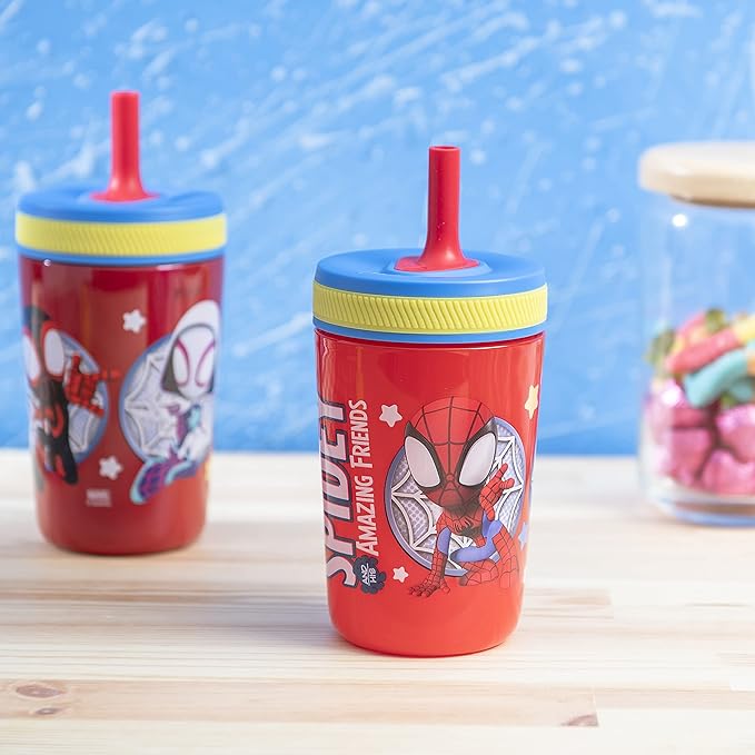 Zak Designs Spidey & His Amazing Friends Kelso Tumbler Set, Leak-Proof Screw-On Lid with Straw, Bundle for Kids Includes Plastic & Stainless Steel Cups with Bonus Sipper, 3pc, Non-BPA (Pack of 12)