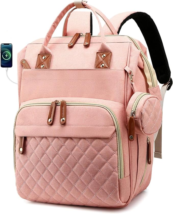 Black Diaper Bag Backpack, Multifunctional Waterproof Mommy Bag with Changing Pad, USB Port, Stroller Straps, Large Capacity Baby Travel Bag (pink)