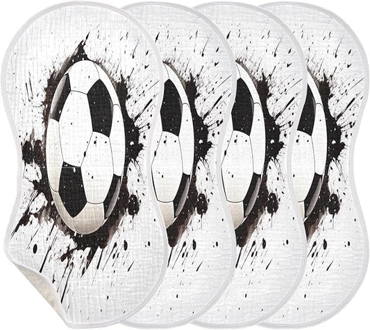 4 Pack Muslin Burp Cloths Soccer Ball White Print Cotton Baby Burp Cloths Absorbent Soft Burping Cloth Washcloths for Newborn Babies 22x11 Inch