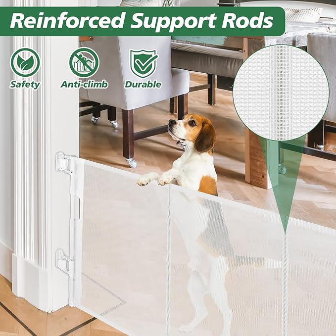 24" Tall X 80" Wide Retractable Baby Gates, Short Dog Gates to Step Over, Reinforced Mesh Pet Gate with Support Rods, Small Puppy Gates for The House, White