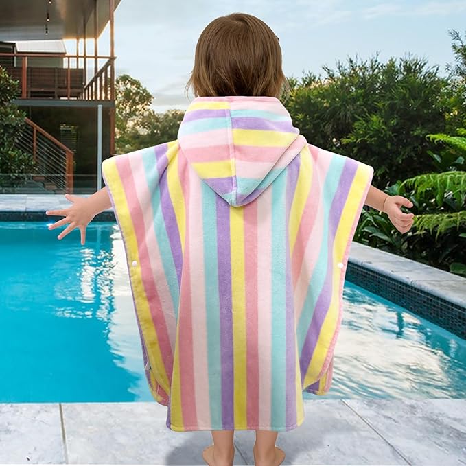 VOOVA & MOVAS Toddler Towel with Hood, 100% Cotton, Oversized (2-4Years,22"X22"),Absorbent Hooded Poncho Towel for Baby,Perfect for Pool | Swimming | Bath | Beach,Colorful Rainbow Stripe