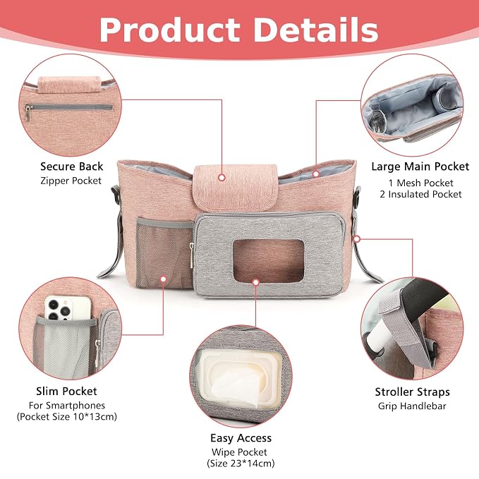 Accmor Universal Stroller Organizer with Insulated Cup Holder, Stroller Caddy Bag Accessories, Stroller Cup Holder Organizer for Uppababy Baby Jogger Britax Stroller, Pink