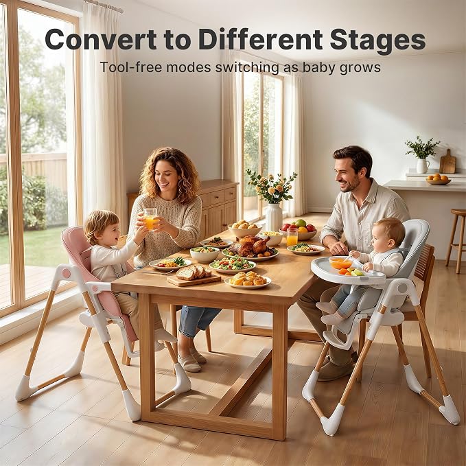 Baby High Chair, Convertible Folding Highchair with Dishwasher-Safe Tray, Adjustable Heights, 5-Point Harness, Portable Dining High Chairs for Babies and Toddlers (Wood Grain+Blush Pink)