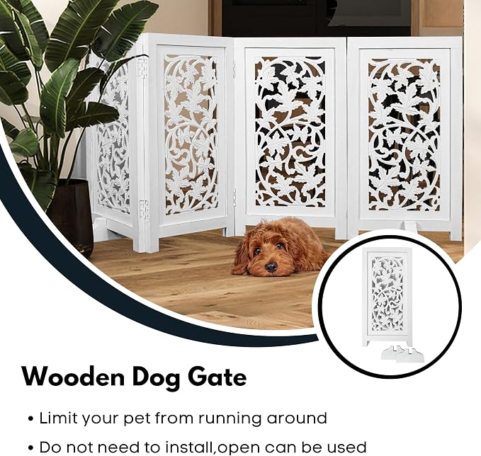 Dog Gate for Indoor Use, 4 Panel Free Standing Foldable Wooden Pet Barrier, 56x28 Inch Decorative Lucy Design Dog Fence for Doorway, Stairs, or Hallway, White Antique