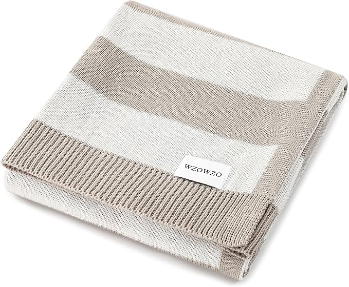 Knit Baby Blanket 40x30 Inches Striped, Soft Cotton Blend Swaddling Receiving Blanket for Newborn Infant, Gender Neutral Nursery Crib Stroller Blanket, (Beige & White)