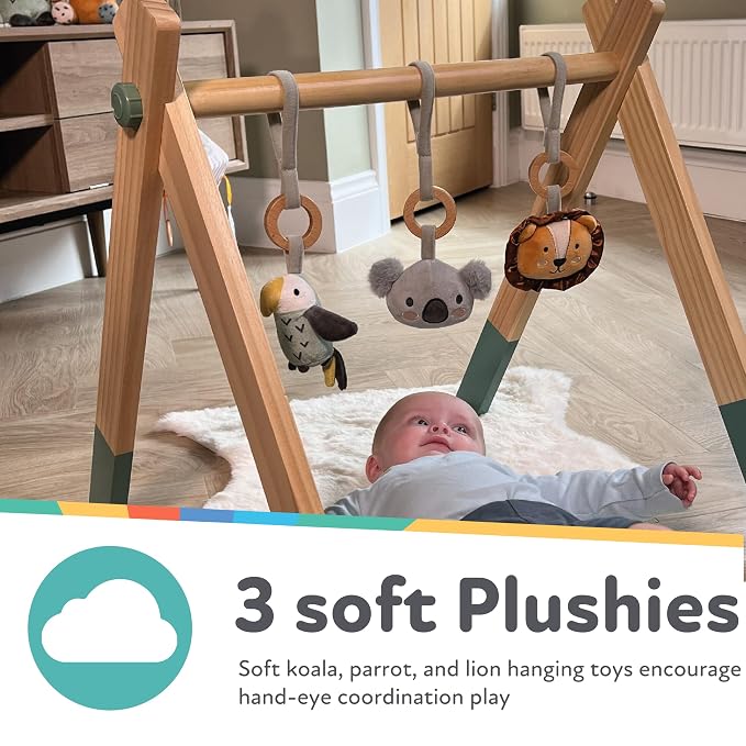 Nuby Animal Adventures Wooden Baby Play Gym with Hanging Toys - Supports Early Infant Development - Easy to Fold for Storage and Travel
