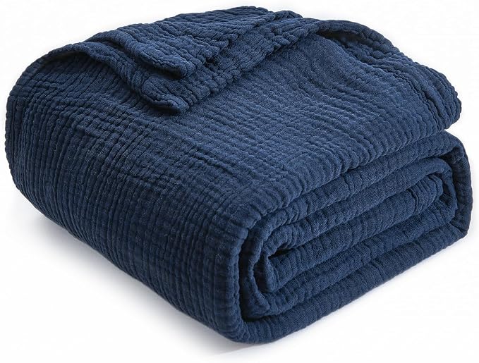 EMME Muslin Baby Blankets 100% Cotton 4-Layer Swaddle 40"x50" Lightweight Soft Breathable for Toddler, Infant, Newborn All Season Gauze Blanket, Navy Blue