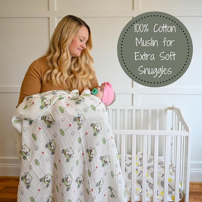 LollyBanks Swaddle Blanket 100% Cotton, 2 Pack Muslin Swaddle Blankets, 47 x 47 inches Baby Swaddles for Boys and Girls, Lightweight Baby Blanket, Registry (Golf Print)