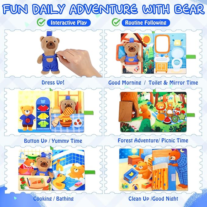 Esjay Busy Book for Toddlers 1-3, Bear Busy Board Montessori Toys, Learning Activities Fine Motor Skills Book, Birthday Gifts 1 2 3 4 Year Old Toddler Baby Girls Boys, Travel Toy for Airplane Car