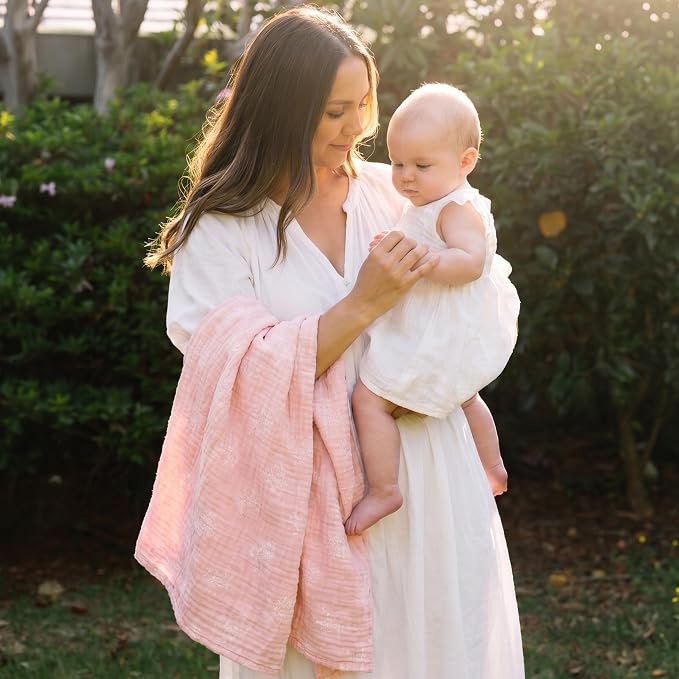 Muslin Swaddle Blankets for Newborn, 3-Pack Cotton Receiving Blankets, Large 40 x 38 inches, Baby Blankets for Boys and Girls, Wrap Burp Cloths, Pink Flower