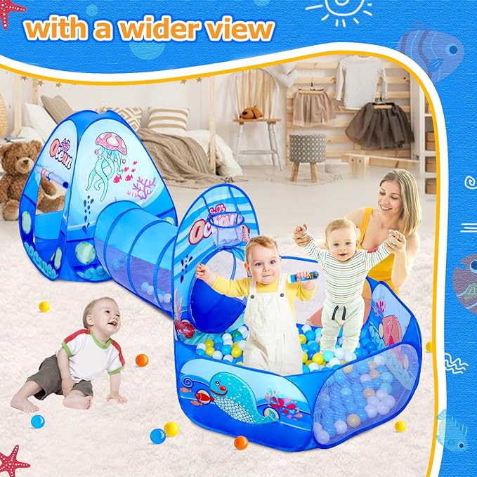 3 in 1 Kids Play Tent with Play Tunnel, Ball Pit, Toddler Pop Up Playhouse Toy for Baby Indoor Outdoor