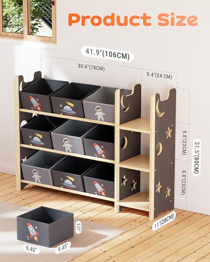 Toy Storage Organizer with 3 Shelves and 9 Bins, Black Starry Sky Bookshelf and Bookcase for Kids, Playroom Toy Bin Shelf for Bedroom & Room, 41.9" W