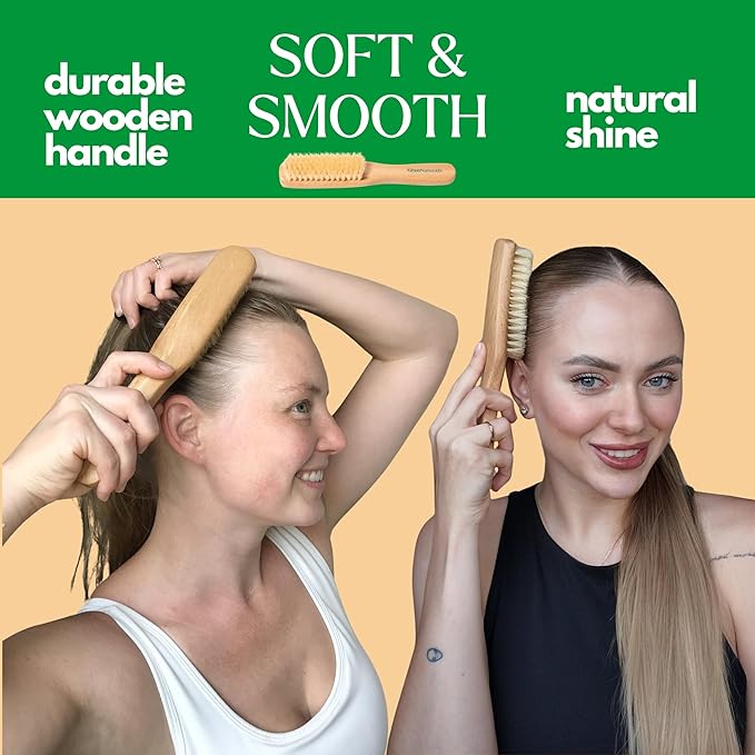 GranNaturals Boar Bristle Slick Back Hair Brush - Soft White Bristle Smoothing Hairbrush for Slicking Hair to Create Sleek Style- Natural Wood Handle for Women + Men