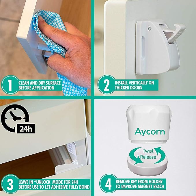 AYCORN Cabinet Locks + 4X Spare Keys - Cabinet Locks for Babies, Magnetic Child Proof Locks for Cabinet Doors, 10 Locks, 2 Keys + 4X Replacement Spare Keys