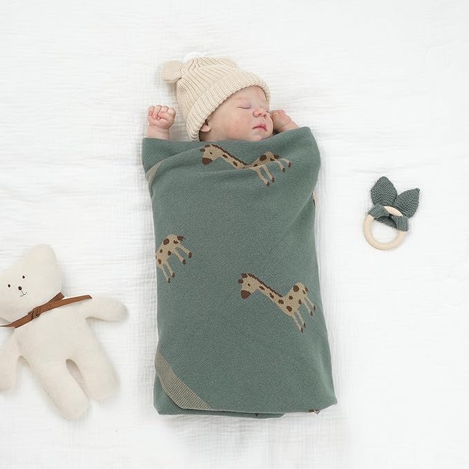 Opewod Soft Cotton Knit Baby Blanket with Cute Deer Print 40x30in Newborn Receiving Blanket Swaddle Cuddle Blanket for Crib, Stroller, or Nursery for Infants & Toddlers Dark Green