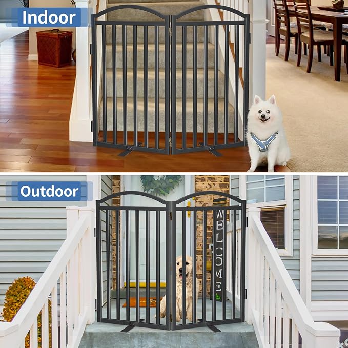 Malier Metal Freestanding Dog Gates with Door, 36'' Height Outdoor Indoor Dog Fences, Extra Wide Foldable Puppy Gate for Stairs (Black, 【2 Panels】 40''W × 36''H)