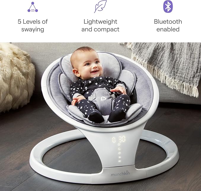 Munchkin Electric Baby Swing, Portable and Lightweight, Bluetooth Enabled Infant Rocker with Natural Sway in 5 Ranges of Motion, Newborn Nursery Essentials, White/Grey