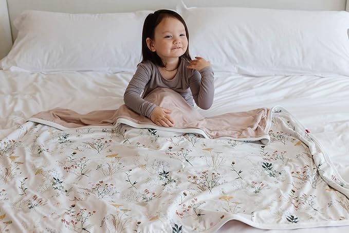 Pobibaby Premium Baby Blanket for Girls - Soft Stretchy Jersey Knit Cotton Quilt for Baby Girl, 3-Layer Crib Blanket and Toddler Blankets for Girls, 50x50 Soft Warm Cozy Nursery Bed (Wildflower)