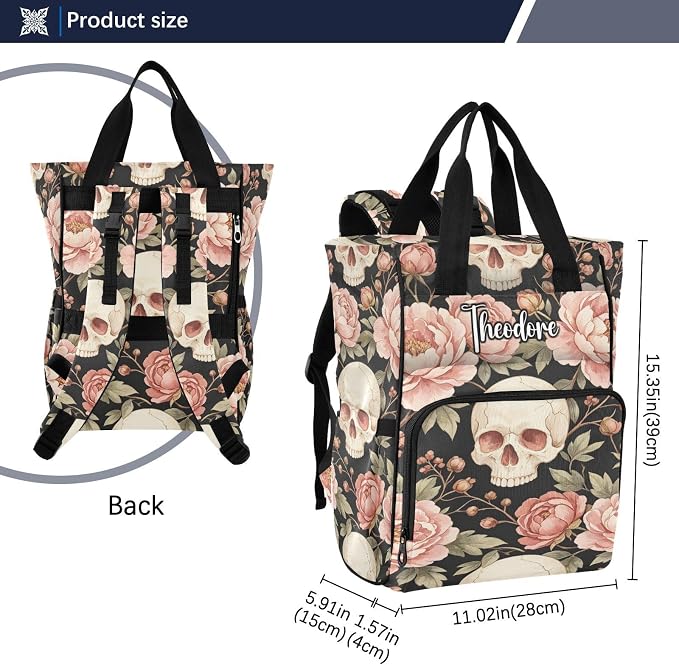 Custom Name Skull Pink Peonies Diaper Bag Insul Bottles Unisex Mom Dad