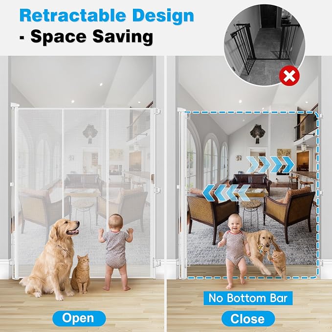 Reinforced 72" Extra Tall Pet Gate for Cat, Dog, Puppy & Baby, Jump-Resistant & Prevent Crawling Underneath Retractable Baby Gates, Fits 0-55" Width Safety Mesh Dog Gate, 6 Foot Extra Tall Cat Gate