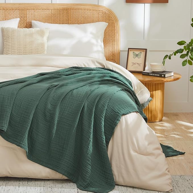 EMME Cotton Muslin Large Throw Blanket Couch Breathable Gauze Blanket Soft Lightweight Bed Blankets Adults (Forest Green, 50"x71")