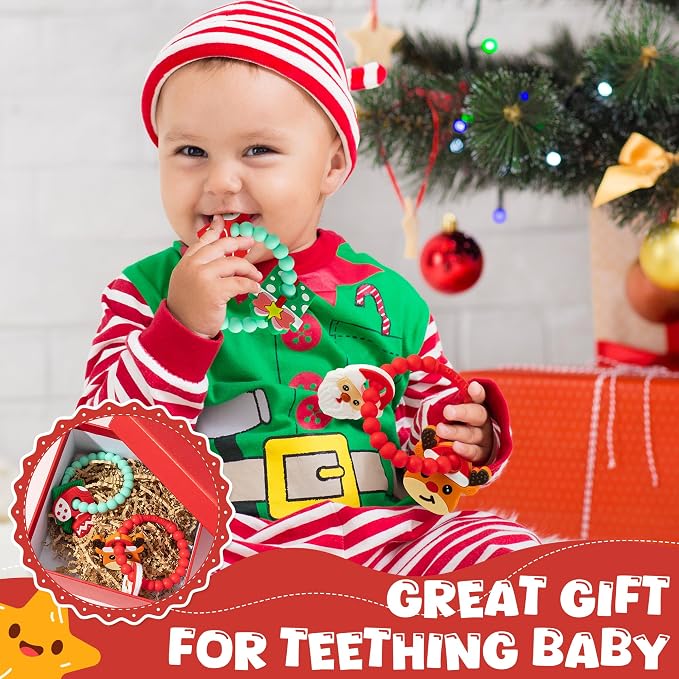 Christmas Baby Silicone Teether Toys - 2ooya 2Pcs Deer Gift Teething Ring Infant Soft Teether Toddler Sensory Chew Toy with Rattles for Newborn to Soothe Sore Gums The First Christmas Gifts for Babies