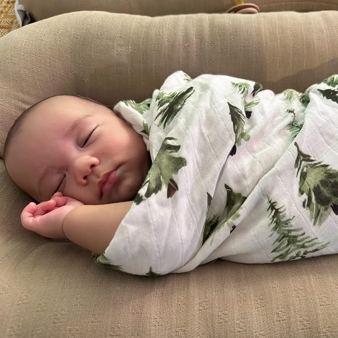 LifeTree Muslin Swaddle Blankets Neutral and Baby Burp Cloths for Newborn Girls Boys, 70% Viscose from Bamboo and 30% Cotton, Woodland Animals & Pine Tree