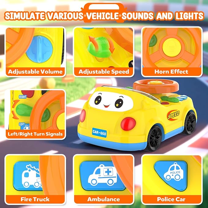 Toys for 1 Year Old Boy Gifts - 2-in-1 Toddler Push Car & Musical Racing Adventure Steering Wheel Driving Game, Interactive Simulated Driving Car for Baby 12-18 Months, Birthday Gift Ages 1-2, Yellow