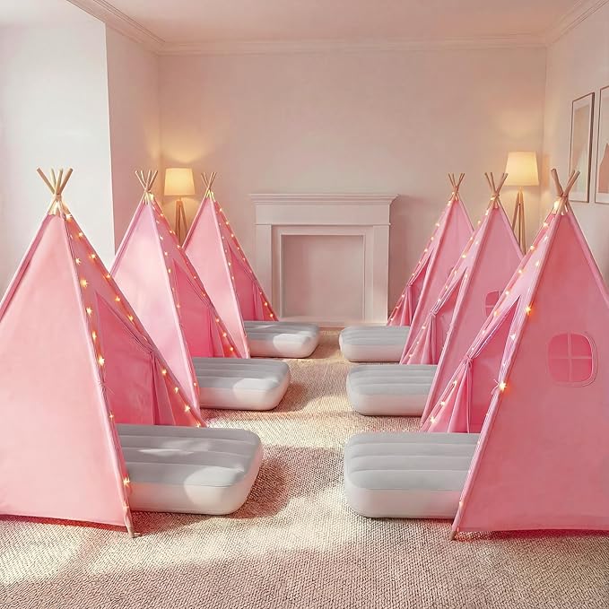 Wilwolfer 6 Pack Sleepover Tents for Kids Party, Tipi Foldable Play Tent with Inflatable Airbeds, Indoor Slumber Party Tent for Girls, Pink