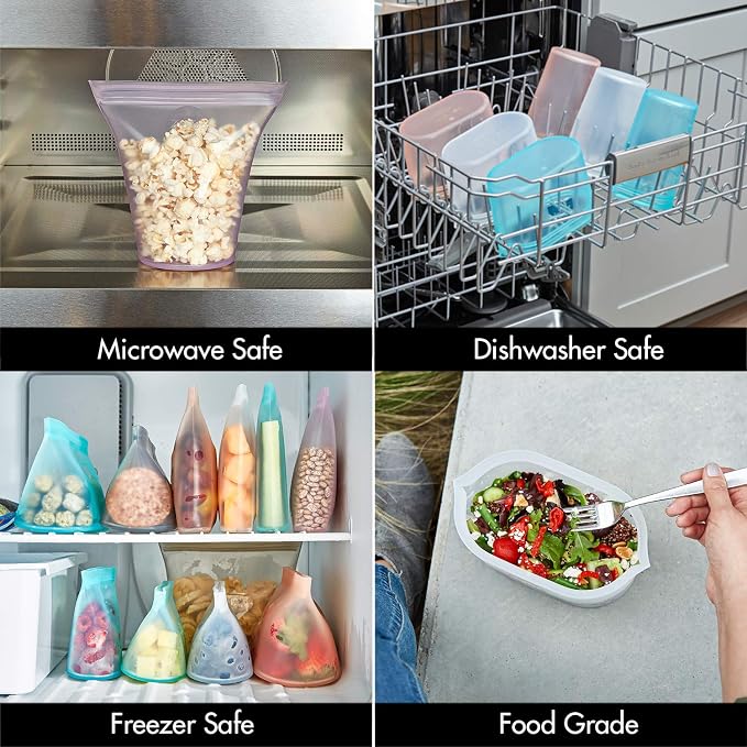 Zip Top Reusable Food Storage Bags | Short Cup [Teal] | Silicone Meal Prep Container | Microwave, Dishwasher and Freezer Safe | Made in the USA