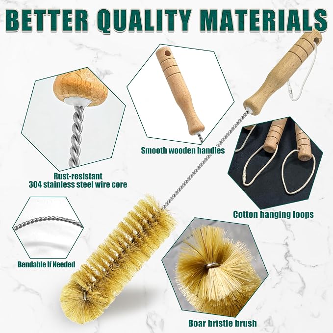 Boar Bristle Bottle Brush Set (4 Pack) - Straw & Water Bottle Cleaner with Long Wooden Handles, Scrubber for Stanley Cups, Tumblers & Jars, 304 Stainless Steel Wire, Kraft Packaging