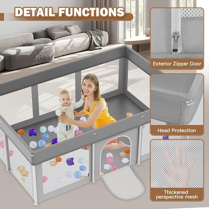 Foldable Large Baby Playpen 50"×71", Playard for Babies and Toddlers, Portable Safety Baby Fence Lightweight,No Installation, Indoor & Outdoor Play Yard with Ocean Balls*100, Grey