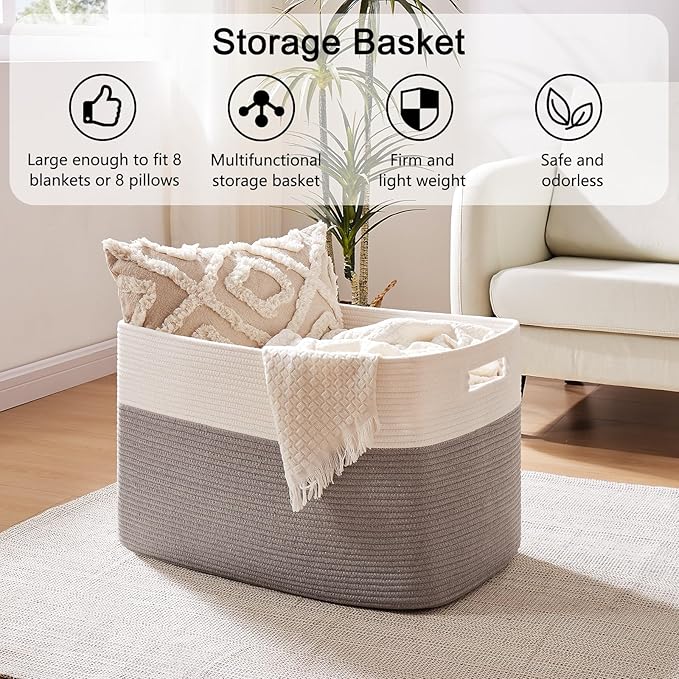 OIAHOMY 108L Extra Large Blanket Basket, 25?�x16?�x16??Laundry Basket, Blanket Storage for Living Room, Dog Toy Storage with Handle - Grey & White