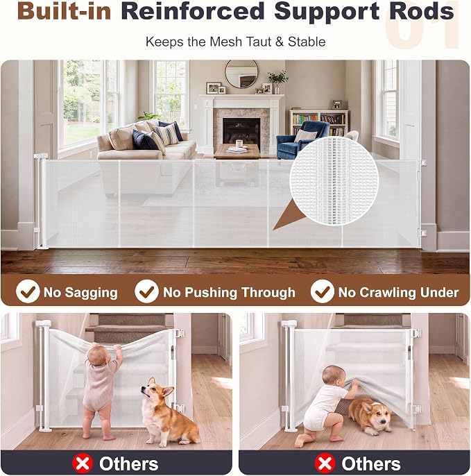 GRENFU Reinforced 120 Inch Extra Wide Retractable Baby Gate 33 Inch Tall, Retractable Dog Gate with Support Rods to Prevent Crawling Through, 10 FT Wide Retractable Gate for Indoor/Outdoor, White
