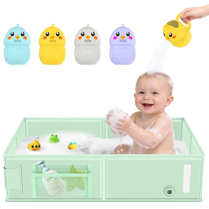 Collapsible Baby Bathtub, Foldable Toddler Bath Tub with Chick Pattern Bath Rinse Cup, No Assembly Portable Travel Bathtub for 6M-5Y, Ideal for Shower, Travel Essentials & Baby Registry Gift