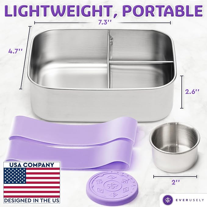 Everusely - Bento Box - Lavender, 37oz / 1.1 L - Stainless Steel Lunch Box with Leakproof Condiment Container - 3 Compartment Snack Organizer for On the Go Meals - Freezer & Dishwasher Safe