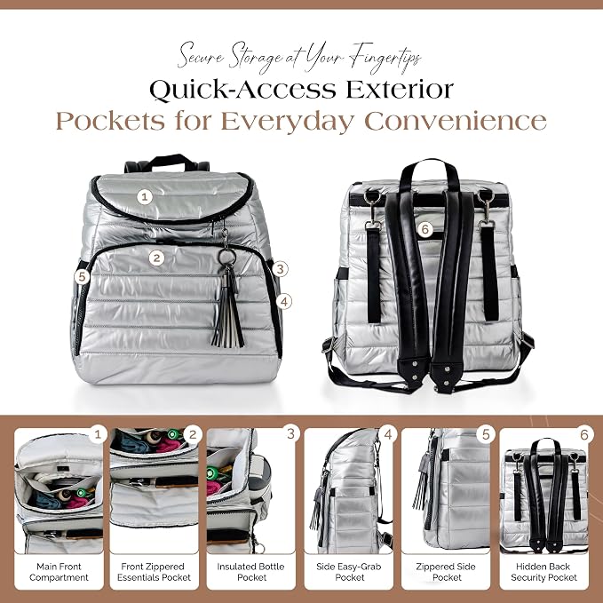 Citi Collective Gallery Diaper Bag Backpack - Casual Day-to-Day Backpack Fits 15" Laptop - Travel Bag with Multiple Compartments, Pockets, Portable Changing Pad, and Shoulder Strap-Silver