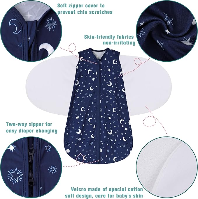 BSTOPPT Newborn Sleep Sack Baby Swaddle,6-12 Months,3-Way Adjustable Wearable Blanket,100% Rayon Cotton Swaddling sleeping bag，TOG 0.5（Clouds&Starry Sky）
