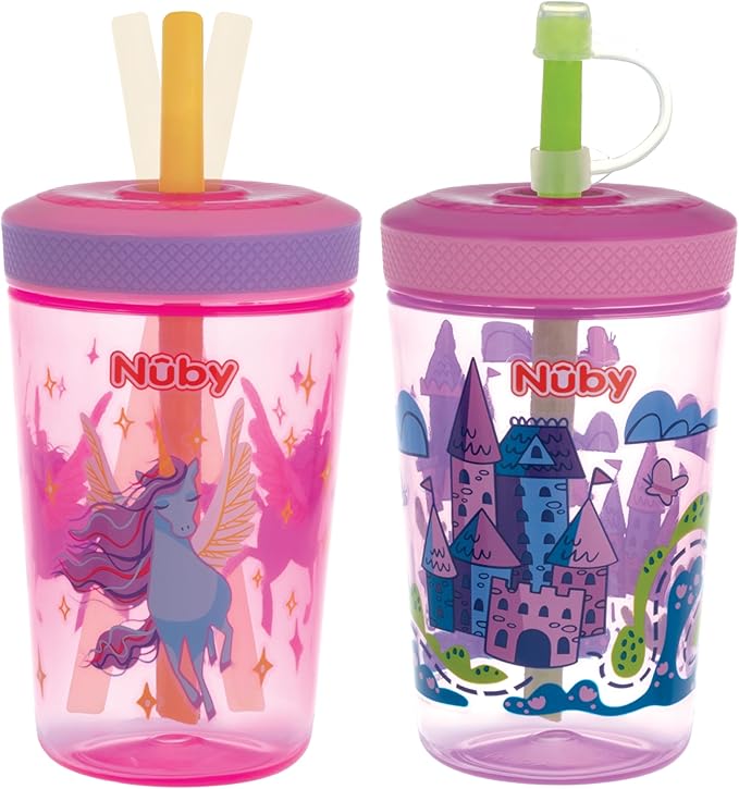 Nuby Thirsty Kids Super Sipper ??14oz No-Spill Toddler Cup with 360° Silicone Valve & Swivel Straw ??Leak-Resistant, Durable, Easy-Clean Design ??2 pk - Girls