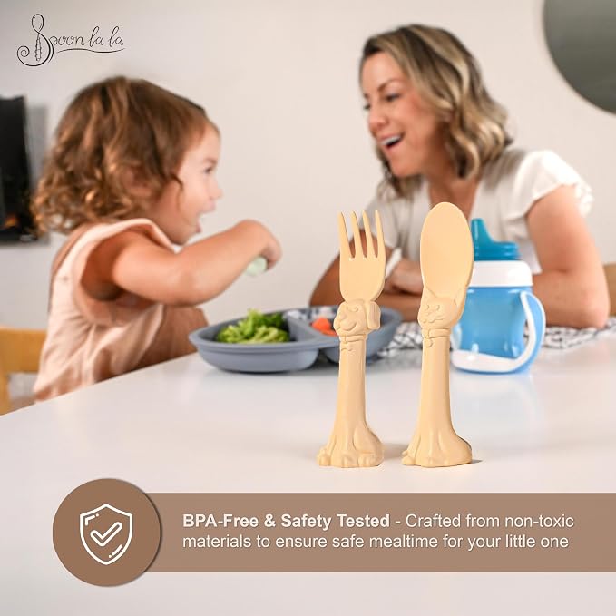 Made in USA Spoon la la Toddler Utensils Set - 2 Pack (1 Spoon & 1 Fork for Kids) - Self-Standing 3D Ergonomic Cat & Dog Handles - BPA-free, Dishwasher Safe, Baby Silverware (Yellow)