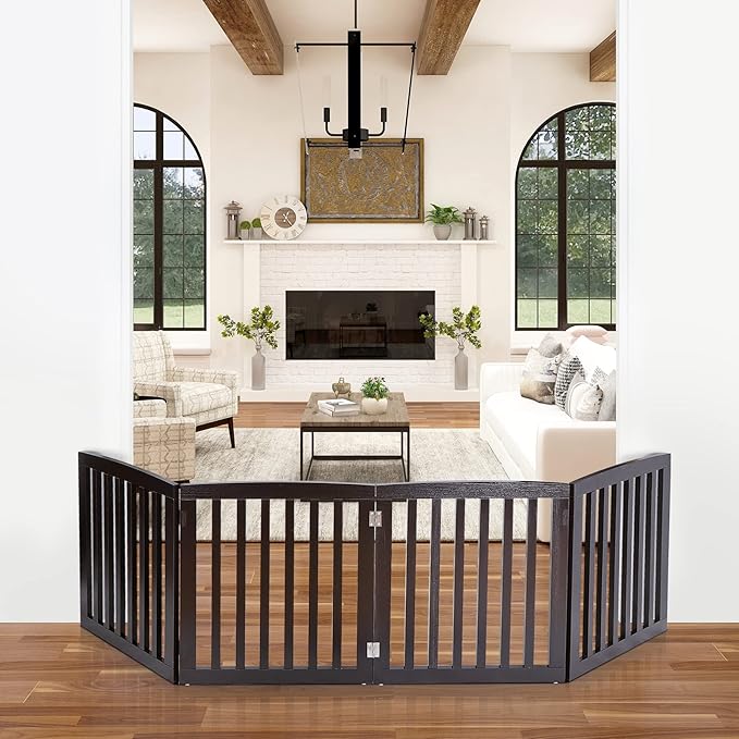 Extra Wide Dog Gate 24 Inch High Freestanding Indoor Pet Door for House Doorways Stairs Halls, Foldable Wood Outdoor Safety Fence 4 Panels, Coffee