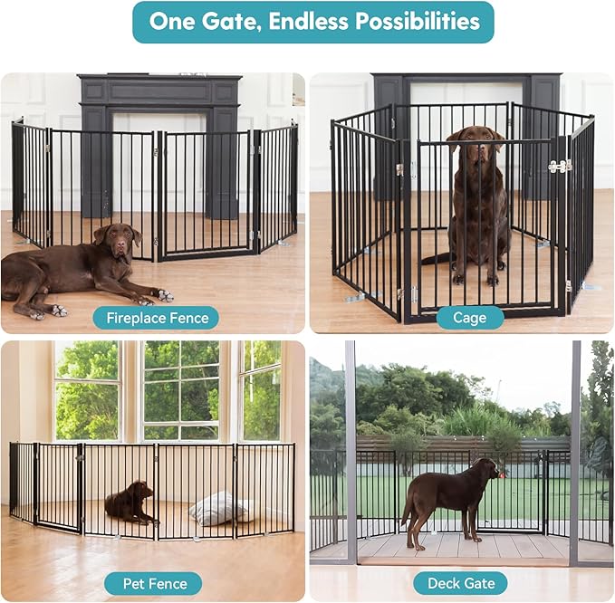 No Pawblems Free Standing Dog Gate with Door, 30'' Tall Foldable Dog Fence for Indoor & Outdoor, Up to 156 Inch Extra Wide Pet Gate for Yard, Deck, Doorways, Stairs, Hallways (Black, 6 Panels)