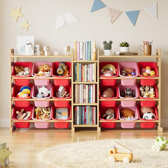 SpaceAid Large Toy Storage Organizer with 6 Shelves and 18 Bins, Book Shelf Organizers Storage Bookshelf, Kids Bin Shelf Box Bookcase for Bedroom Playroom Organization Room Decor, Red and Pink