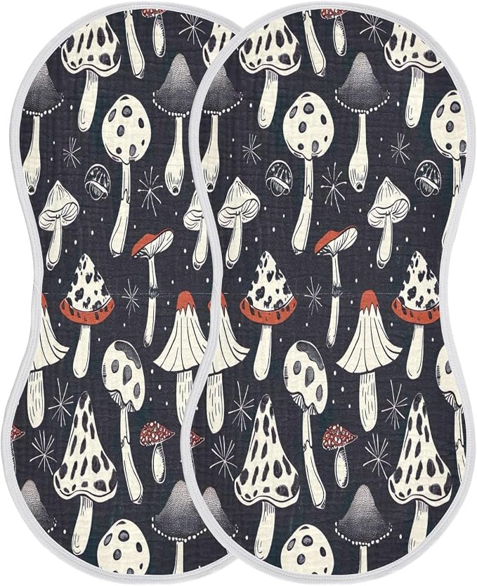 Mushrooms Black Muslin Baby Burp Cloths - Super Absorbent and Soft Burping Rags - Cotton Burp Clothes Set for Boys and Girls, 2 Pack