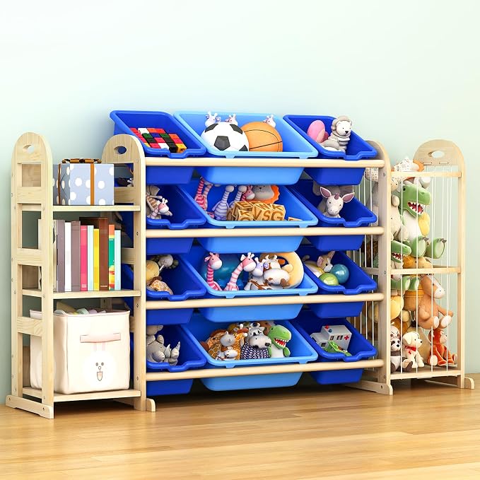 Kids Toy Storage Organizer, Toy Organizers and Storage with Stuffed Animal Storage, Toy Storage Shelf with 3 Shelves, 12 Storage Bins, Kids Bookshelf, Toy Holder for Playrooms, Bedrooms, Blue