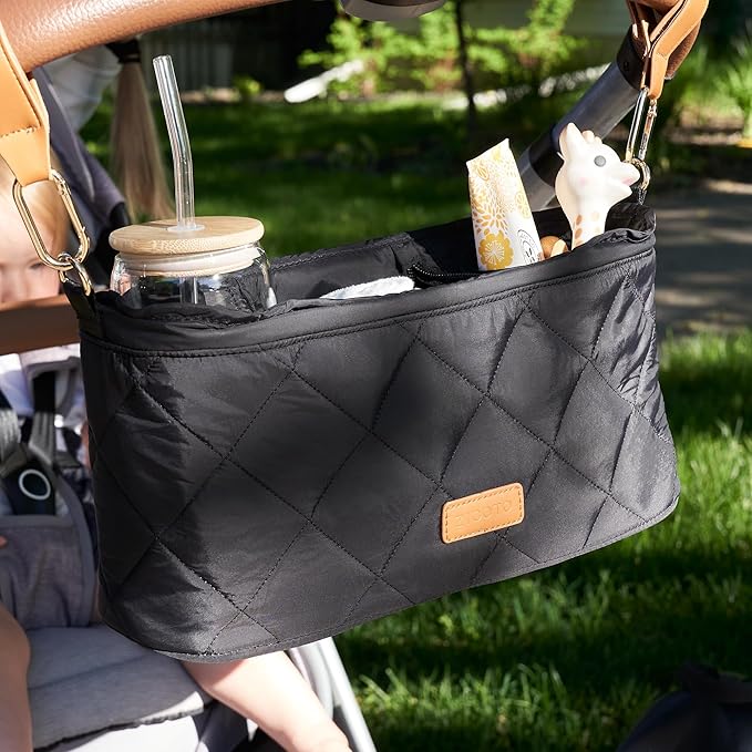 Beautiful Stroller Caddy Organizer With 2 Cup Holders ??Luxury Stroller Bag, Universal Fit, Leather Straps & Zipper Pocket ??Spacious Accessories Perfectly Fits Doona, Nuna & Uppababy Strollers
