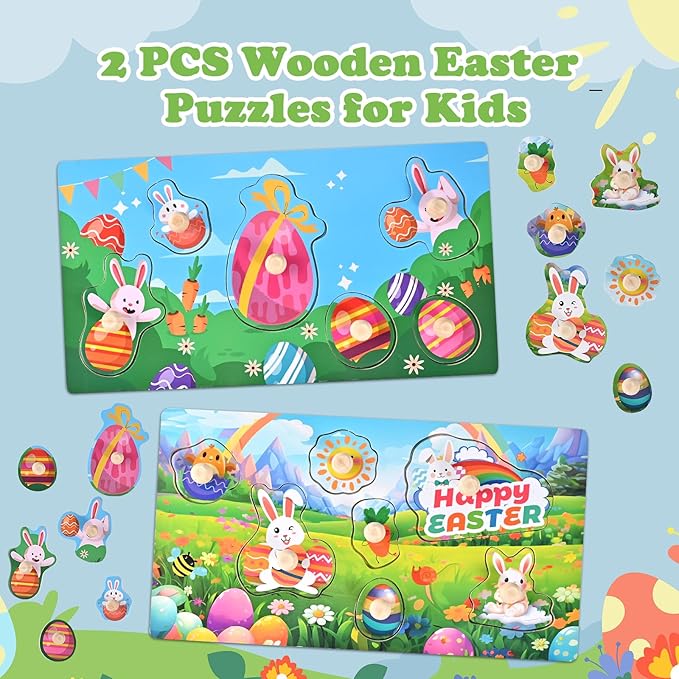 Easter Basket Stuffers-2 Pack Easter Puzzles, Wooden Peg Puzzles for Toddlers 1-3, Montessori Learning Toys, Easter Basket Fillers Gifts Party Favors for Kids Boys Girls